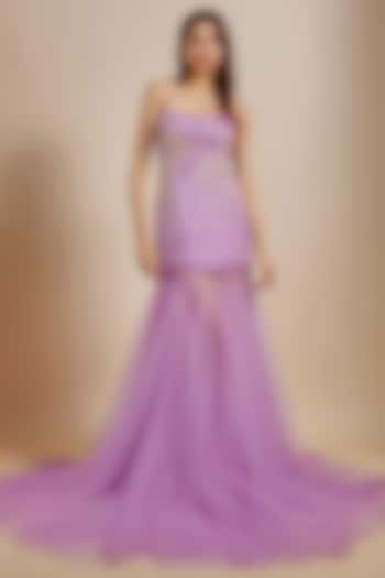Purple Mashru & Net Hand Embroidered Engagement Gown by Masumi Mewawalla at Pernia's Pop Up Shop