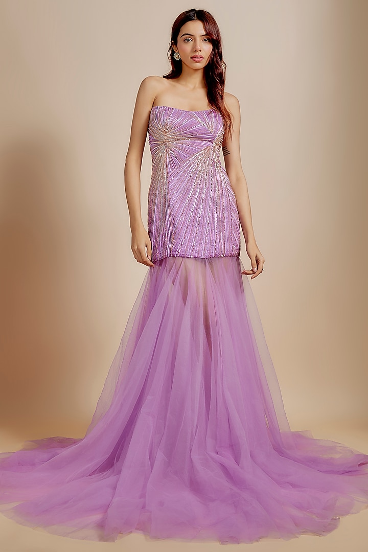 Purple Mashru & Net Hand Embroidered Engagement Gown by Masumi Mewawalla at Pernia's Pop Up Shop