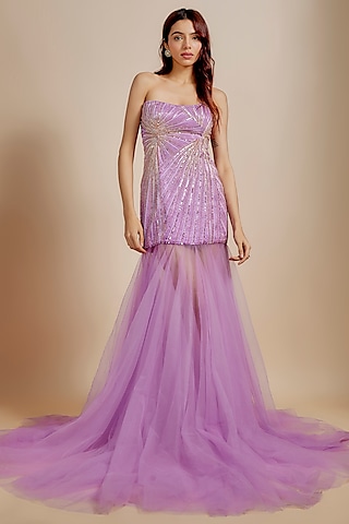 Purple Mashru & Net Hand Embroidered Gown by Masumi Mewawalla