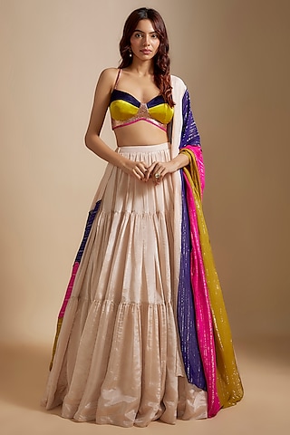 Peach Tissue Badla Embroidered Skirt Set by MASUMI MEWAWALLA