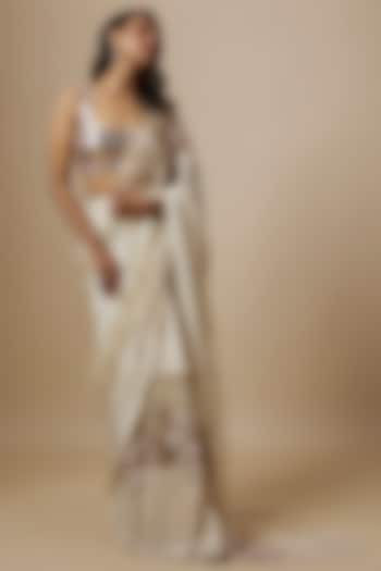 Beige Natural Crepe & Mashru Hand Embroidered Reception Saree Set by Masumi Mewawalla at Pernia's Pop Up Shop