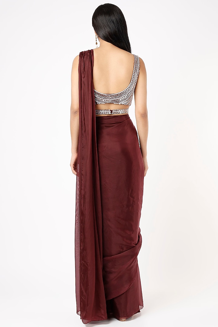 Wine Tabby Silk & Silk Pre-Draped Wedding Saree Set by MASUMI MEWAWALLA at Pernia's Pop Up Shop