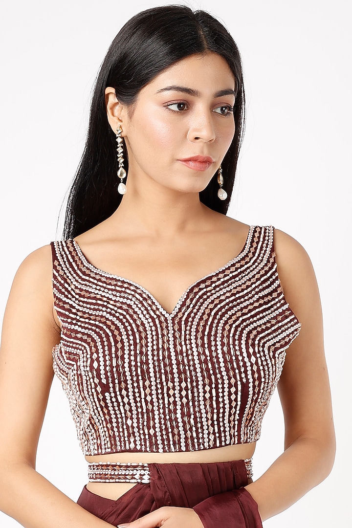 Wine Tabby Silk & Silk Pre-Draped Wedding Saree Set by MASUMI MEWAWALLA at Pernia's Pop Up Shop