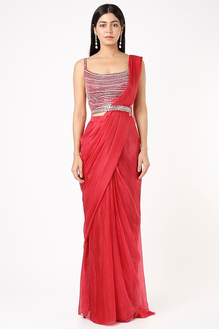 Light Ruby Tabi Silk & Silk Pre-Draped Wedding Saree Set by MASUMI MEWAWALLA at Pernia's Pop Up Shop