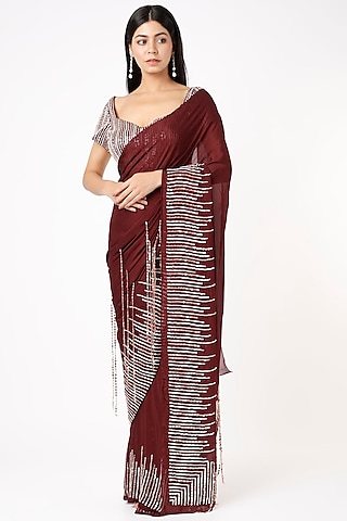 Wine Crepe & Silk Tassel Embroidered Saree Set by MASUMI MEWAWALLA