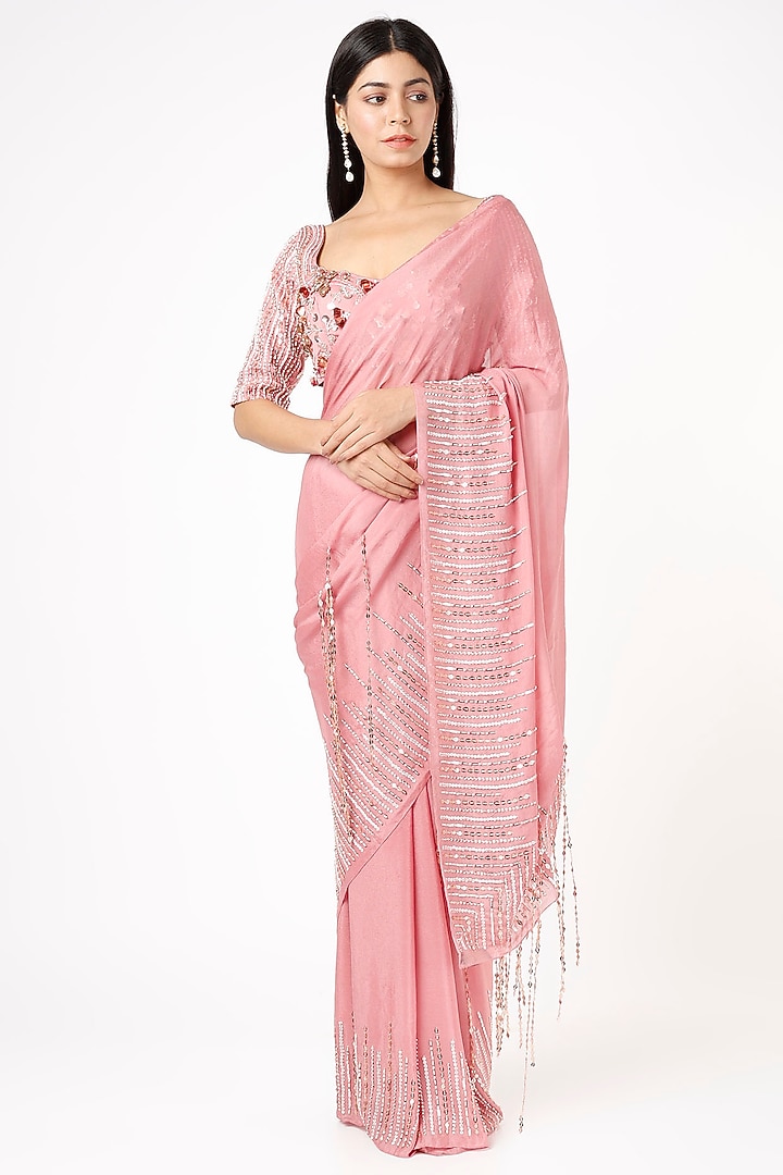 Onion Pink Embroidered Wedding Saree Set by MASUMI MEWAWALLA at Pernia's Pop Up Shop