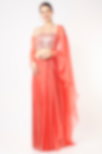 Coral Satin Organza & Net Pre-Draped Party Wear Saree Set by MASUMI MEWAWALLA at Pernia's Pop Up Shop