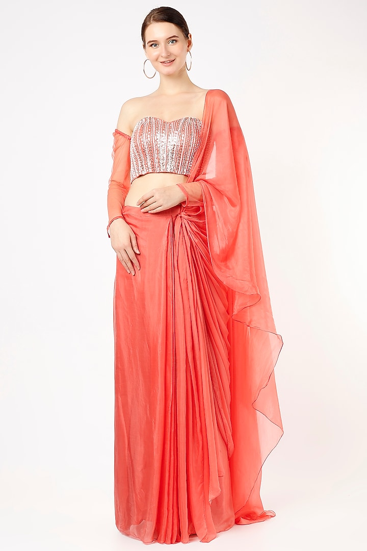Coral Satin Organza & Net Pre-Draped Party Wear Saree Set by MASUMI MEWAWALLA at Pernia's Pop Up Shop