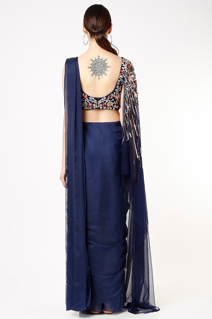 Navy Blue Pre-Draped Wedding Saree Set by MASUMI MEWAWALLA at Pernia's Pop Up Shop