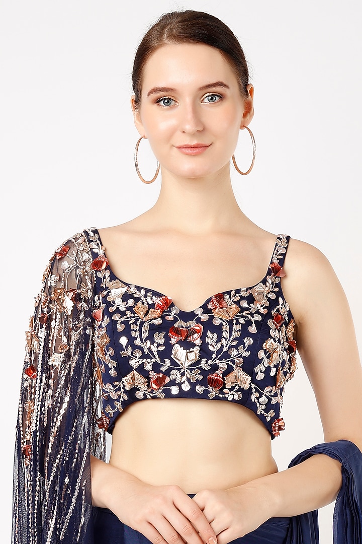 Navy Blue Pre-Draped Wedding Saree Set by MASUMI MEWAWALLA at Pernia's Pop Up Shop