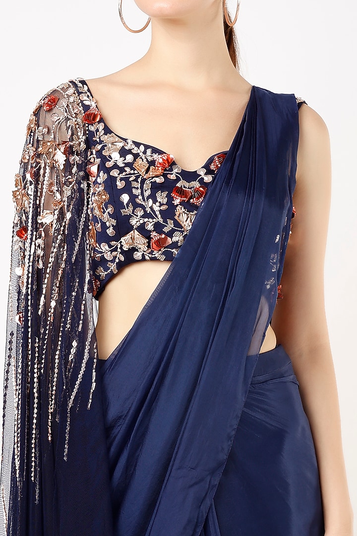 Navy Blue Pre-Draped Wedding Saree Set by MASUMI MEWAWALLA at Pernia's Pop Up Shop