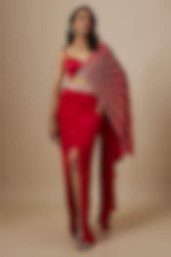 Red Natural Crepe & Mashru Skirt Set by Masumi Mewawalla