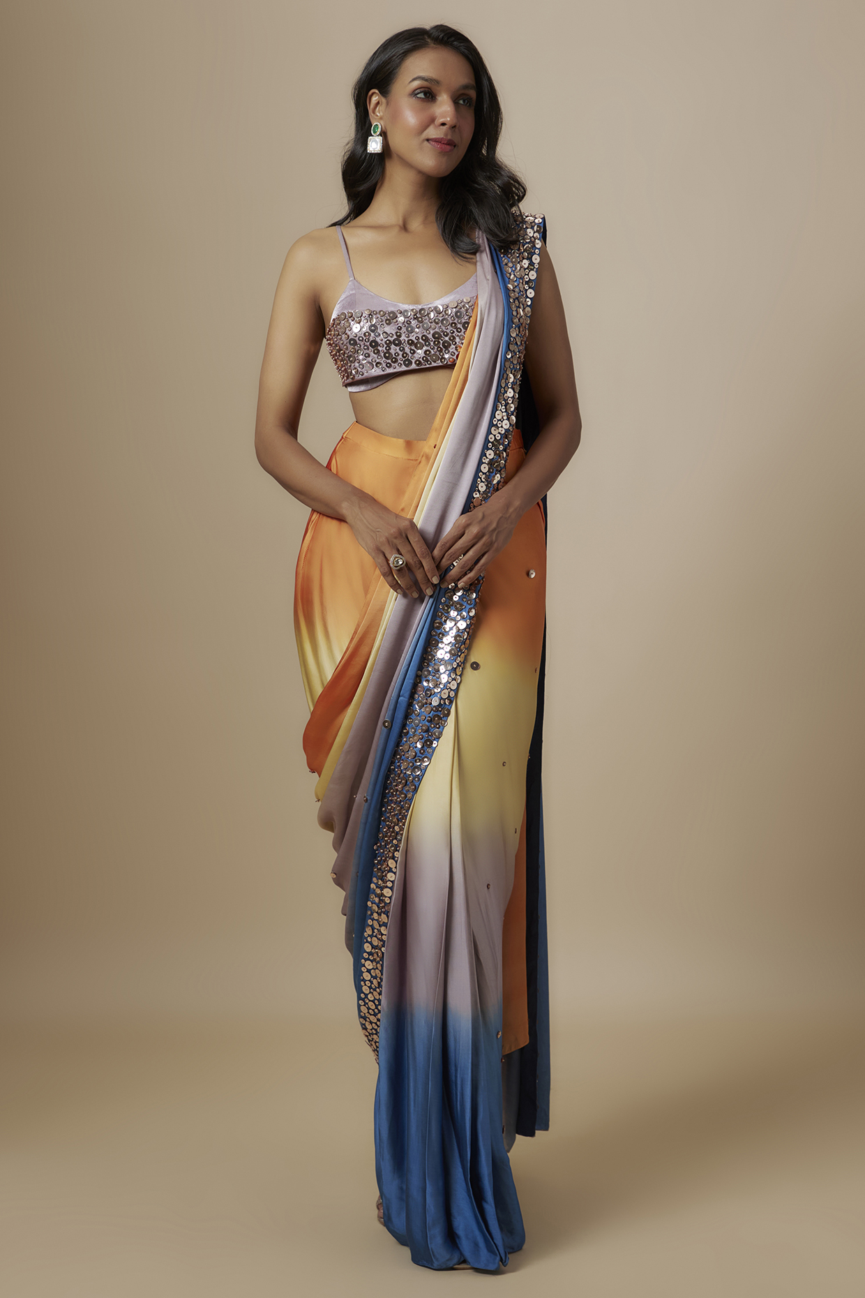 Multi-Colored Gajji & Mashru Hand Embroidered Ombre Saree Set by MASUMI MEWAWALLA