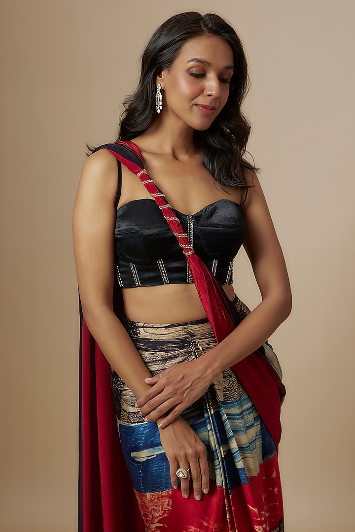 Rust Gajji & Mashru Ajrakh Printed Party Wear Saree Set by Masumi Mewawalla at Pernia's Pop Up Shop