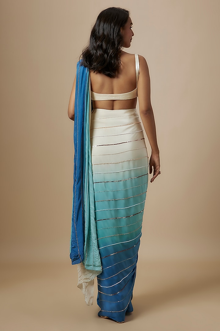 Blue Ombre Natural Crepe Hand Embroidered Pre-Stitched Party Wear Saree Set by MASUMI MEWAWALLA at Pernia's Pop Up Shop