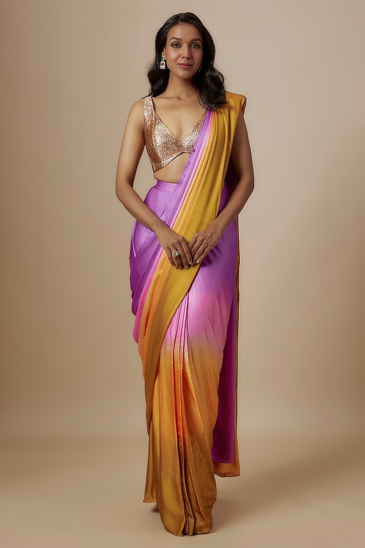 Mustard & Purple Mashru Ombre Party Wear Saree Set by Masumi Mewawalla at Pernia's Pop Up Shop