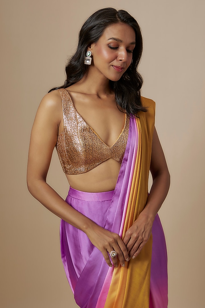 Mustard & Purple Mashru Ombre Party Wear Saree Set by Masumi Mewawalla at Pernia's Pop Up Shop