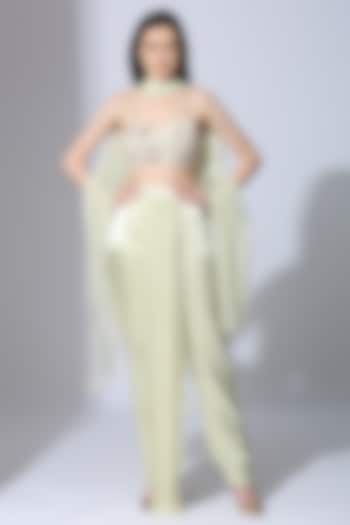 Sage Green Tabby Silk Pant Wedding Saree Set by MASUMI MEWAWALLA at Pernia's Pop Up Shop