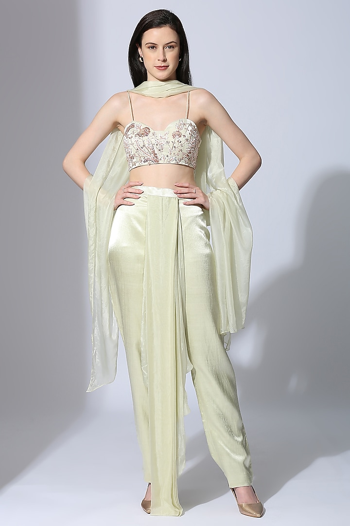 Sage Green Tabby Silk Pant Wedding Saree Set by MASUMI MEWAWALLA at Pernia's Pop Up Shop