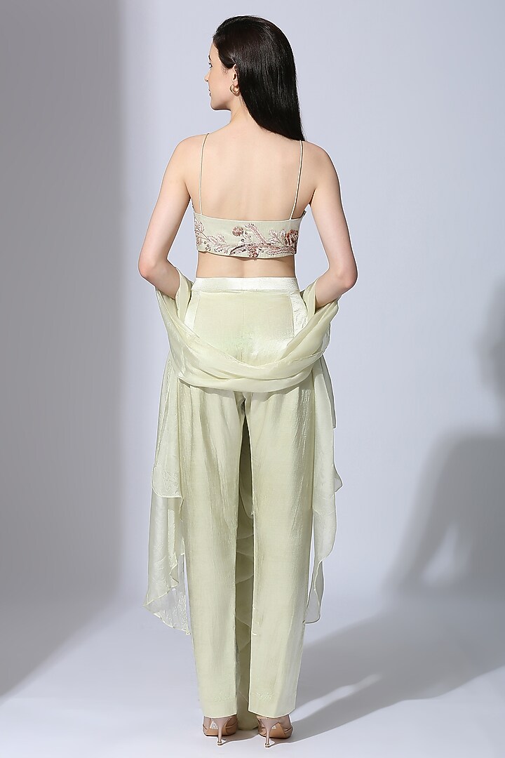 Sage Green Tabby Silk Pant Wedding Saree Set by MASUMI MEWAWALLA at Pernia's Pop Up Shop