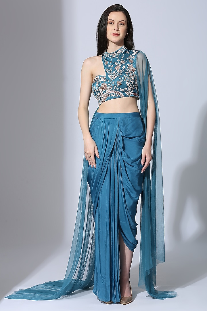 Teal Blue Tabby Silk Dhoti Set by MASUMI MEWAWALLA at Pernia's Pop Up Shop
