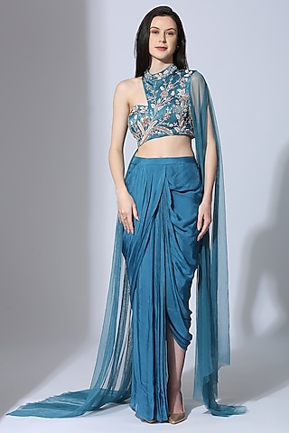 Teal Blue Tabby Silk Dhoti Set by MASUMI MEWAWALLA