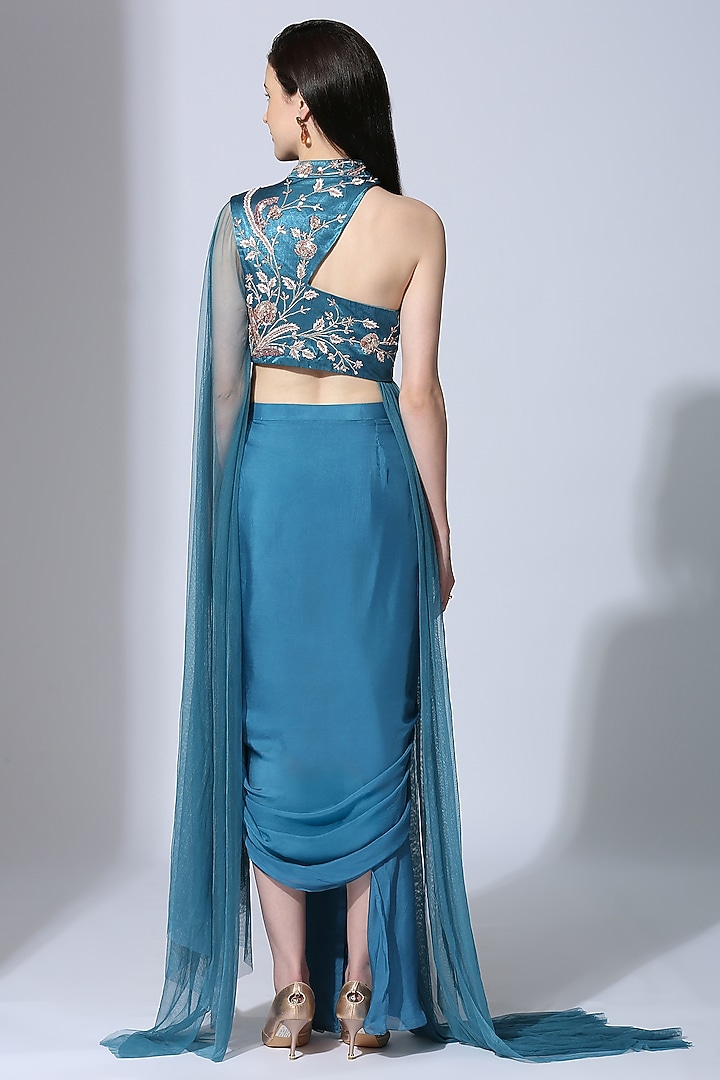 Teal Blue Tabby Silk Dhoti Set by MASUMI MEWAWALLA at Pernia's Pop Up Shop