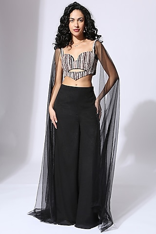 Black Crepe Palazzo Pant Set by MASUMI MEWAWALLA
