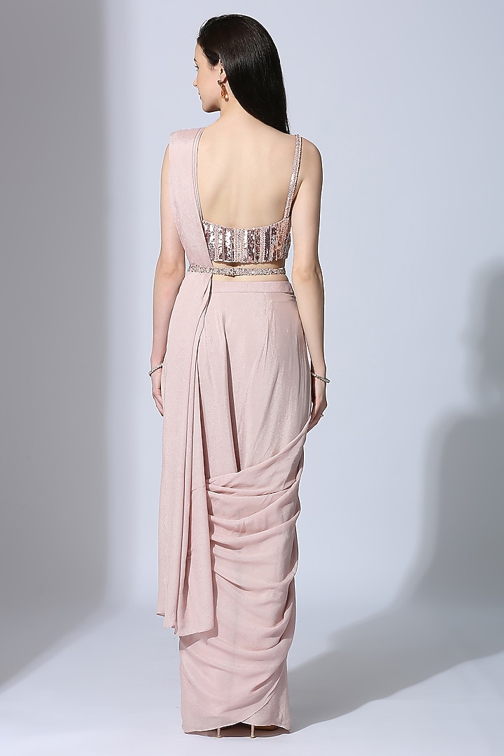 Rose Gold Tabby Silk Pre-Stitched Party Wear Saree Set by MASUMI MEWAWALLA at Pernia's Pop Up Shop