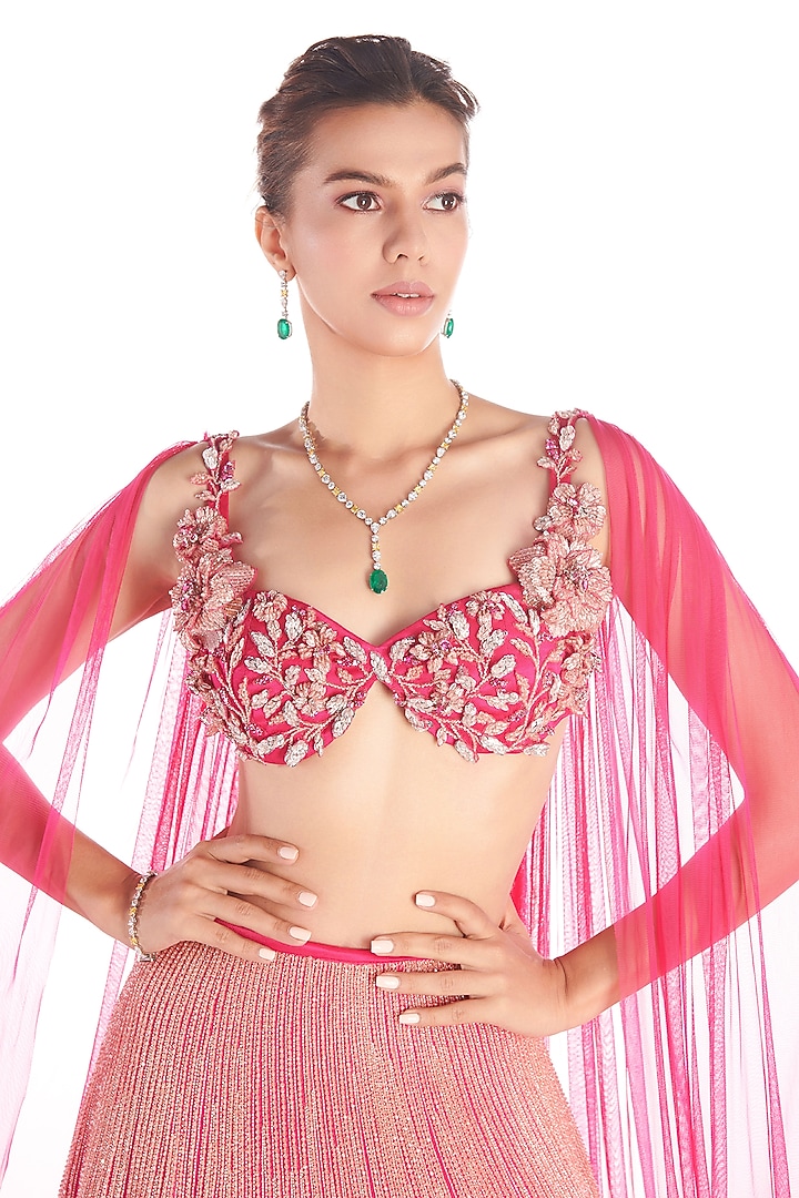 Hot Pink Mashru 3D Embroidered Bridal Lehenga Set by MASUMI MEWAWALLA at Pernia's Pop Up Shop