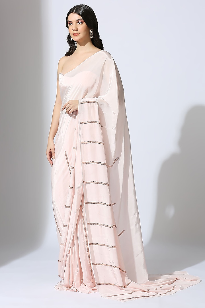 Baby Pink Natural Crepe Embroidered Wedding Saree Set by MASUMI MEWAWALLA at Pernia's Pop Up Shop