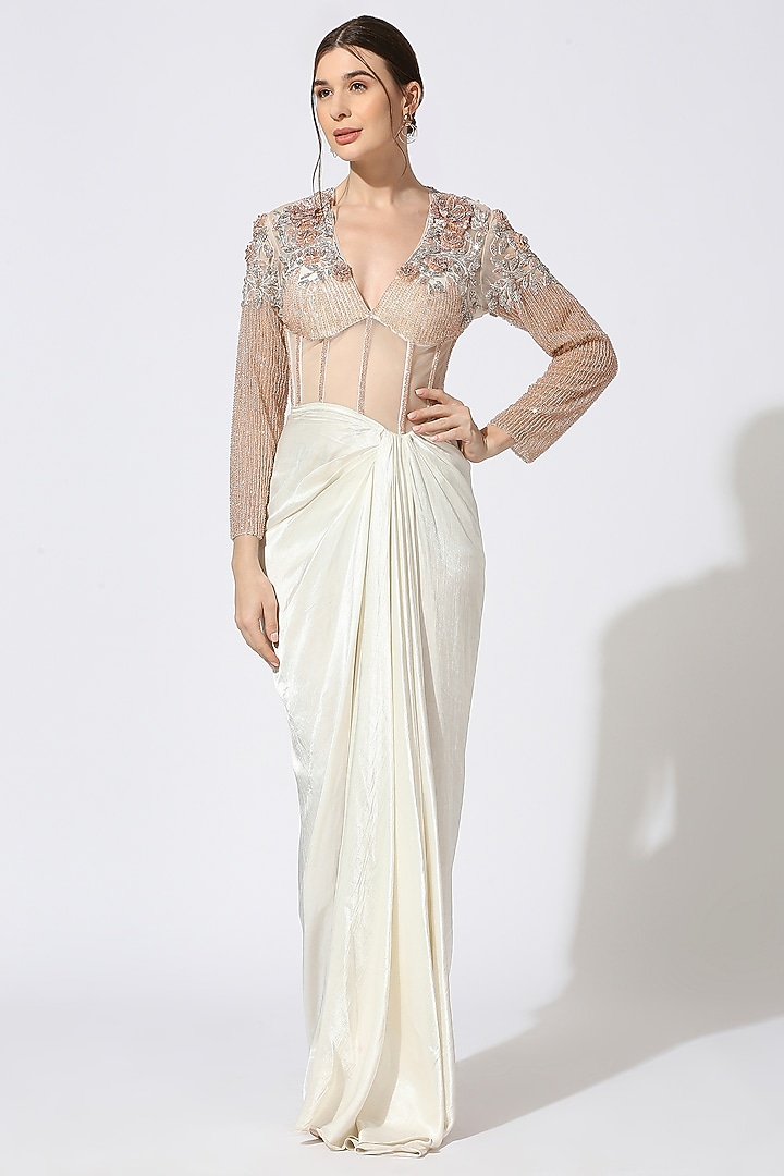 White Mashru Silk 3D Embroidered Corset Engagement Gown by MASUMI MEWAWALLA at Pernia's Pop Up Shop