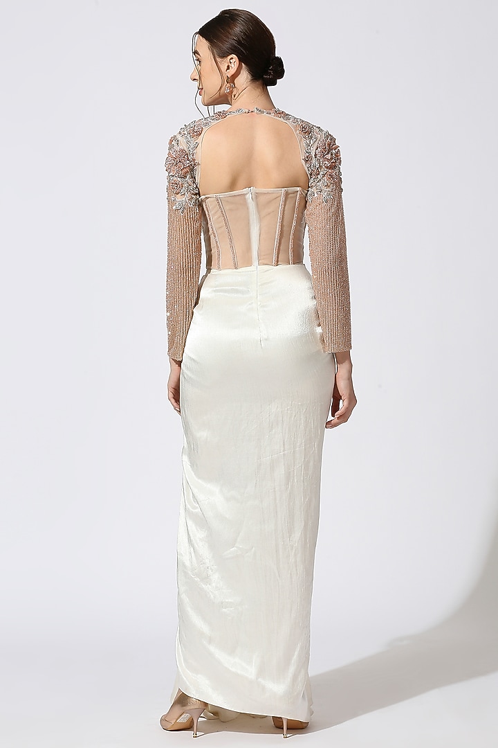 White Mashru Silk 3D Embroidered Corset Engagement Gown by MASUMI MEWAWALLA at Pernia's Pop Up Shop