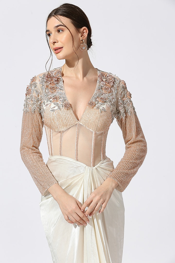 White Mashru Silk 3D Embroidered Corset Engagement Gown by MASUMI MEWAWALLA at Pernia's Pop Up Shop