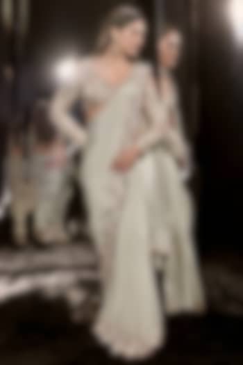 Sage Green Mashru Silk Embroidered Wedding Saree Set by MASUMI MEWAWALLA at Pernia's Pop Up Shop