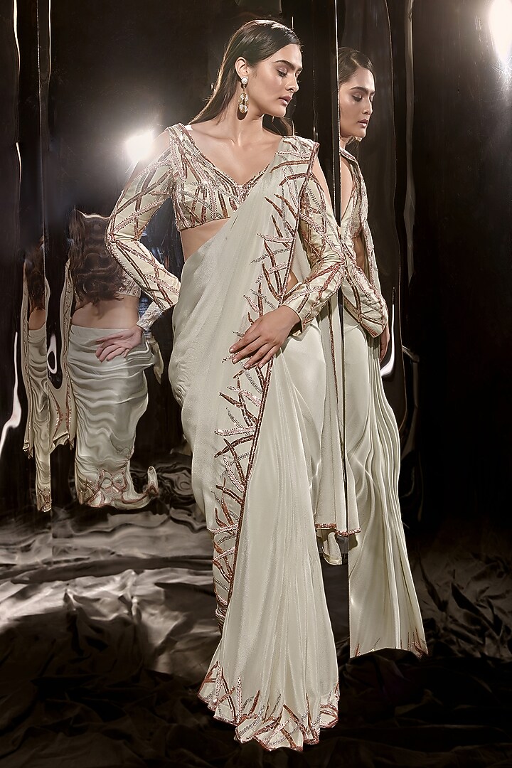 Sage Green Mashru Silk Embroidered Wedding Saree Set by MASUMI MEWAWALLA at Pernia's Pop Up Shop
