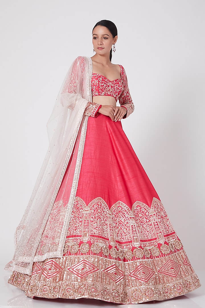 Pink Embroidered Lehenga Set by Pink Peacock Couture