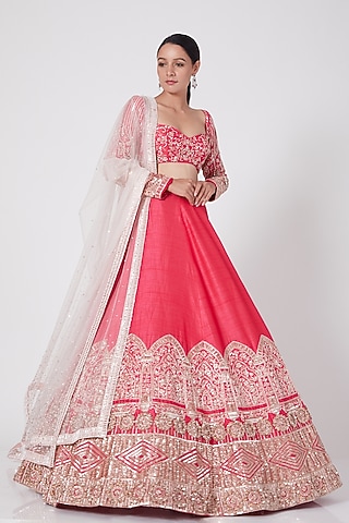 Pink Embroidered Lehenga Set by MASUMI MEWAWALLA