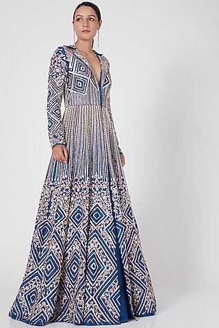 Blue Embroidered Jacket Set by MASUMI MEWAWALLA