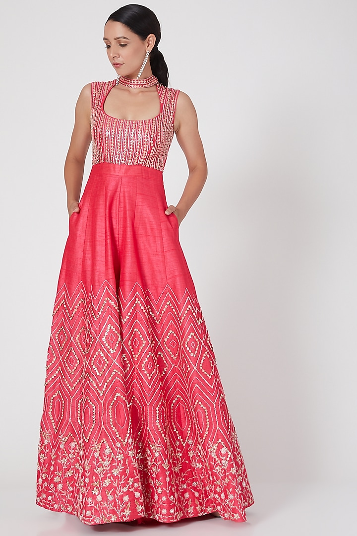 Hot Pink Embroidered Jumpsuit by MASUMI MEWAWALLA