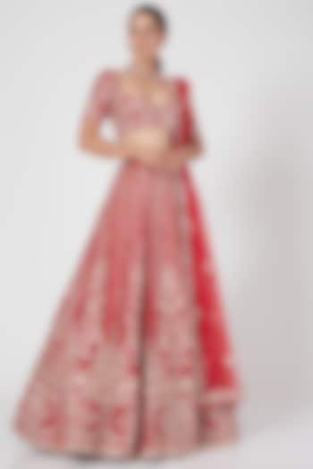 Red Embroidered Lehenga Set by Pink Peacock Couture