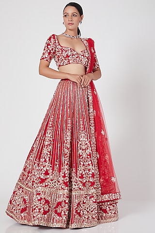 Red Embroidered Lehenga Set by MASUMI MEWAWALLA