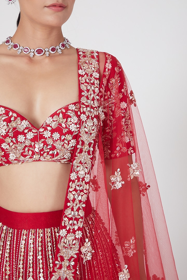 Red Embroidered Bridal Lehenga Set by MASUMI MEWAWALLA at Pernia's Pop Up Shop