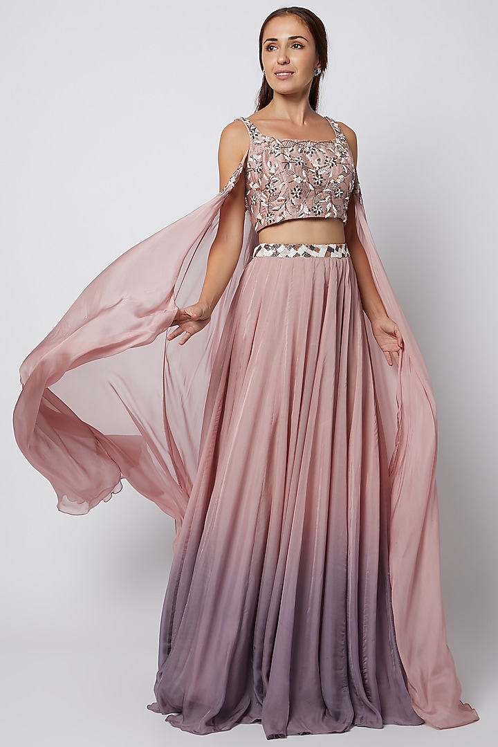 Blush Pink To Lilac Ombre Embroidered Skirt Set by MASUMI MEWAWALLA