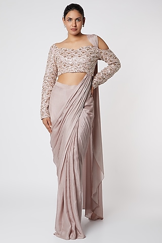 Dusty Lilac Dupion Crepe Saree by MASUMI MEWAWALLA