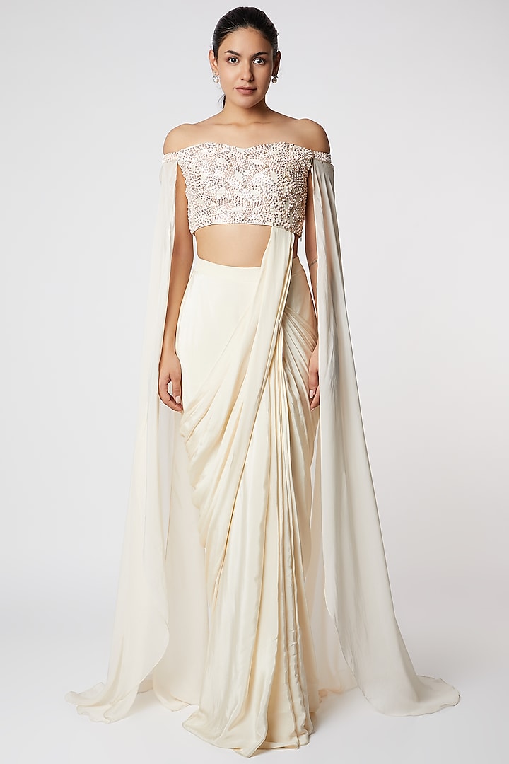 Cream Dupion Crepe Wedding Saree Set by MASUMI MEWAWALLA at Pernia's Pop Up Shop