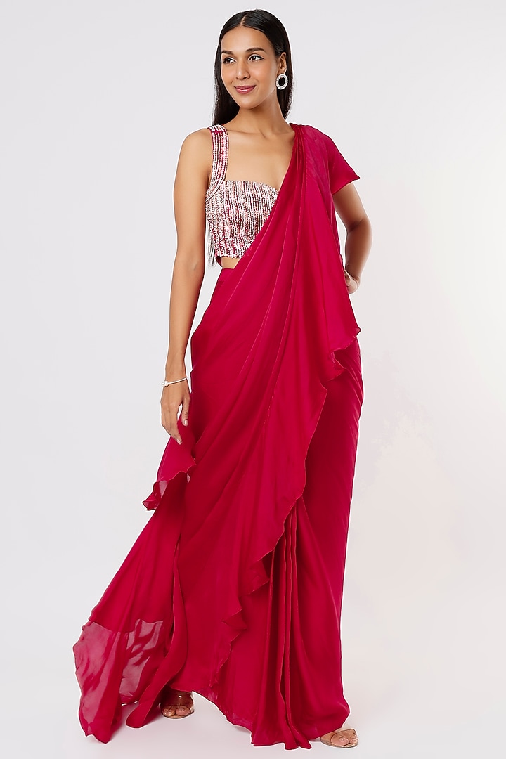 Hot Pink Silk Ruffled Wedding Saree Set by MASUMI MEWAWALLA at Pernia's Pop Up Shop