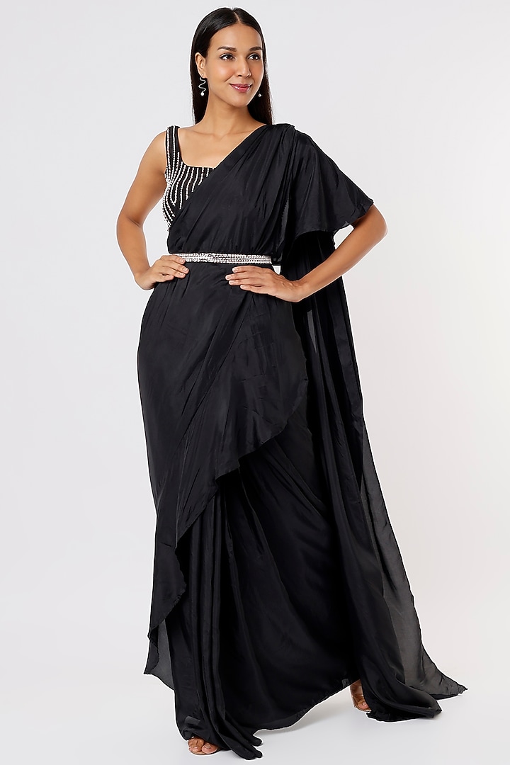 Black Silk Ruffled Wedding Saree Set by MASUMI MEWAWALLA at Pernia's Pop Up Shop