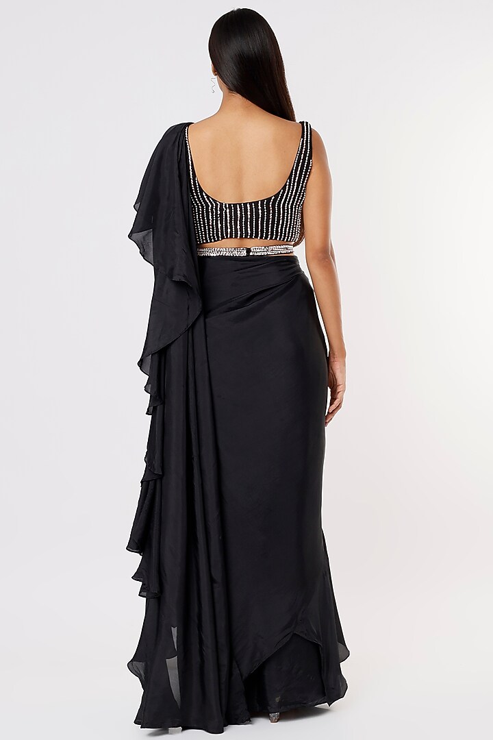 Black Silk Ruffled Wedding Saree Set by MASUMI MEWAWALLA at Pernia's Pop Up Shop
