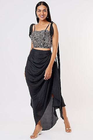 Black Crepe Dhoti Set by MASUMI MEWAWALLA